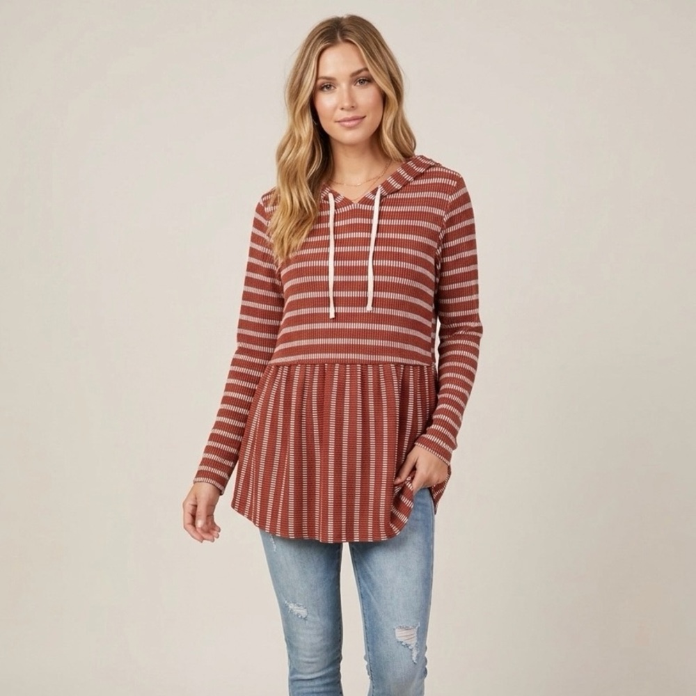 Be Stage Red and White Striped Babydoll Hoodie Sweater